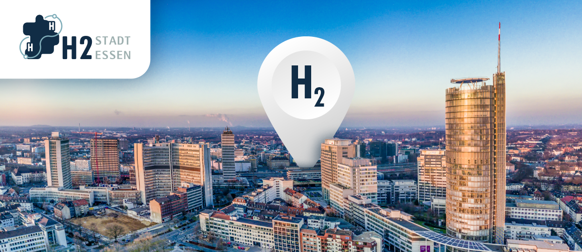Titelbild Essener Wasserstoff-Impulse: Skyline von Essen mit H2-Ballon