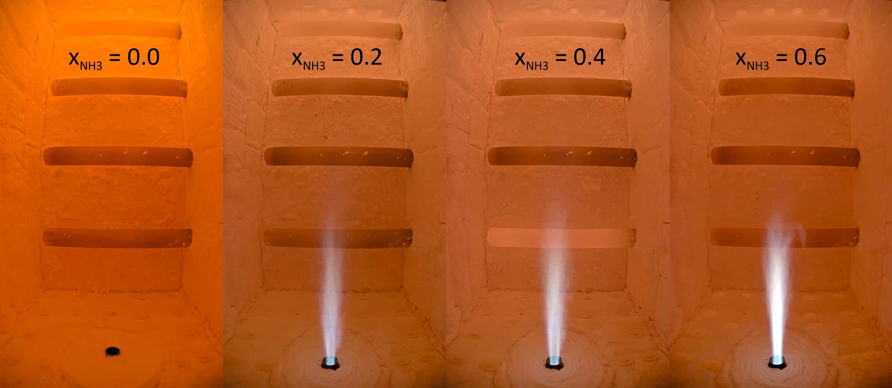 Das Bild zeigt eine Brennkammer in vier nebeneinander angeordneten Aufnahmen. In jedem Bildausschnitt ist ein Brenner sichtbar, der von unten eine Flamme in die Kammer abgibt. Die vier Aufnahmen illustrieren jeweils einen unterschiedlichen Anteil an Ammoniak (NH₃) im Brennstoffgemisch. Die Änderungen der Flammenerscheinung sowie die Farbveränderung der Brennkammerwände verdeutlichen die Auswirkungen des zunehmenden Ammoniakanteils auf den Verbrennungsprozess.